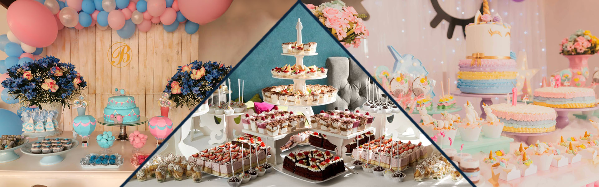 Colorful cakes and dessert table displays for parties and celebrations